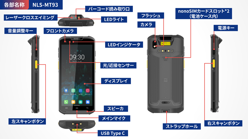 図：NLS-MT93 AndroidOS搭載のモバイルターミナル 各部名称