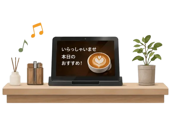 1インチのタッチモニターがセカンドディスプレイとなり、会計中以外もお店のサイネージとして役立つ